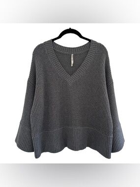 Paper Label Grey 100% Cotton Thick Ribbed Knit Pullover V Neck Sweater Minimal